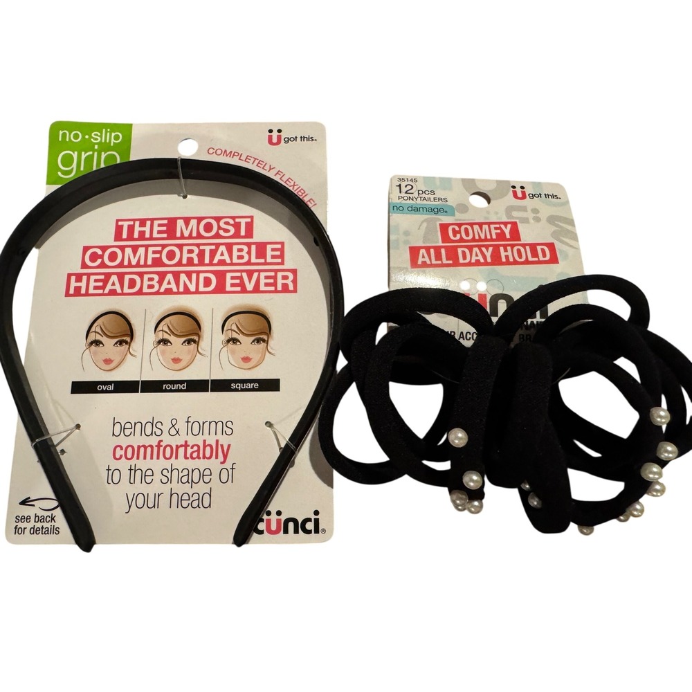 Scunci Black Flexible Headband and 12pc Pearl Ponytailers Hair Accessory Set NEW